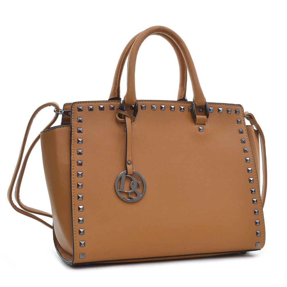 Dasein Gunmetal Cognac Brown Satchel Handbag Shoulder Bag Purse